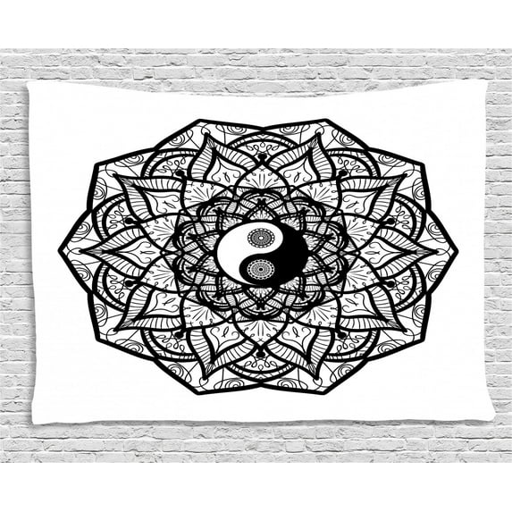 Ying Yang Decor Tapestry, Floral Boho Mandala Graphic Yin Yang Curves Meditation Mystic World Theme, Wall Hanging for Bedroom Living Room Dorm Decor, 60W X 40L Inches, Black White, by Ambesonne