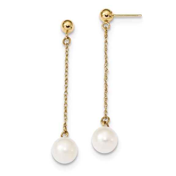Real 14kt Yellow Gold 7-8mm White Round Freshwater Cultured Pearl Dangle Post Earrings; for Adults and Teens; for Women and Men