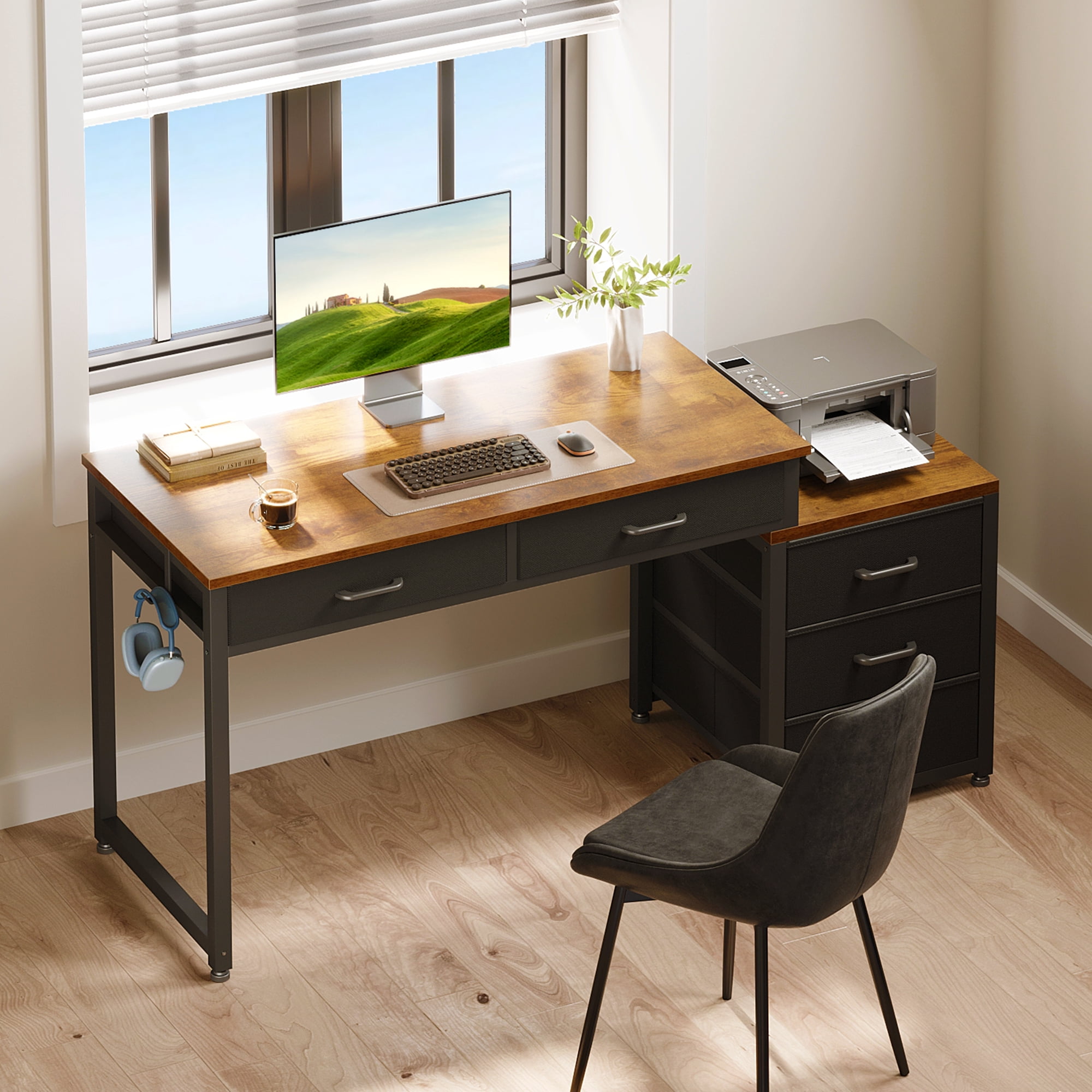 Casacomoda Computer Desk with 5 Drawers & Printer Stand, Reversible Storage Desk for Home Office, 53 Inch Writing Desk with Headphone Hook, Vintage
