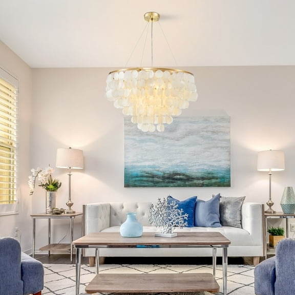 FINE MAKER Gold Shell Chandelier Modern Pendant Lighting 23.6in Round Crystal Chandeliers for Kitchen Island