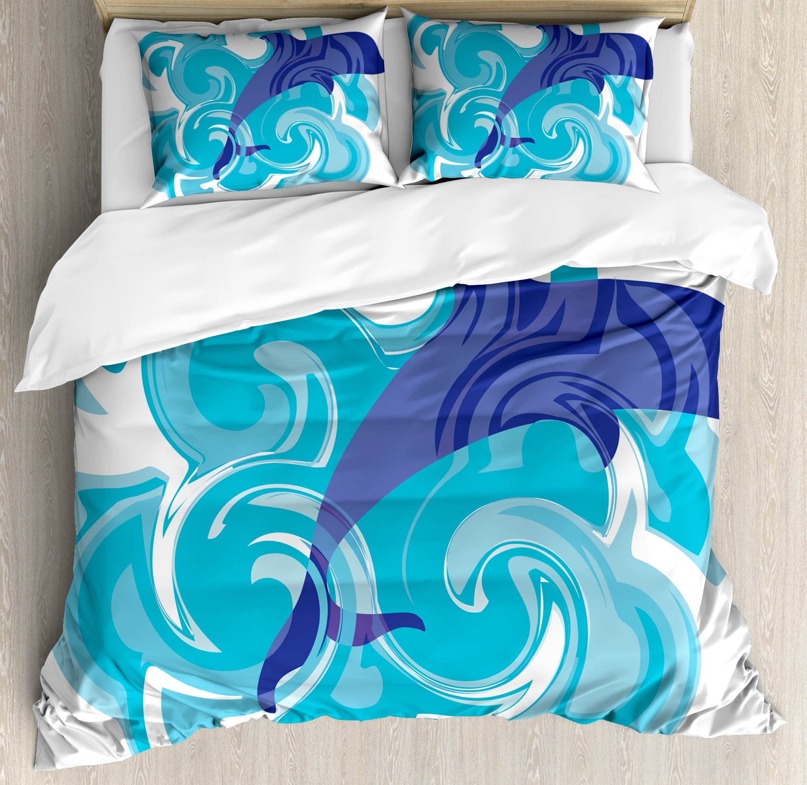 Dolphin Queen Size Duvet Cover Set Abstract Representation Of Waves Dolphin Queen Size Duvet Cover Set Abstract Representation Of Waves Aqua Life Soft Color Image Nature Scenes Decorative 3 Piece Bedding With 2 Pillow