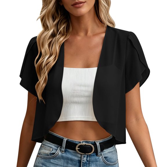 Qiopertar Women's Chiffon Cardigan Open Front Short Sleeve Casual Loose Cover Up Summer Beach Vacation Crop Top, Black 3XL