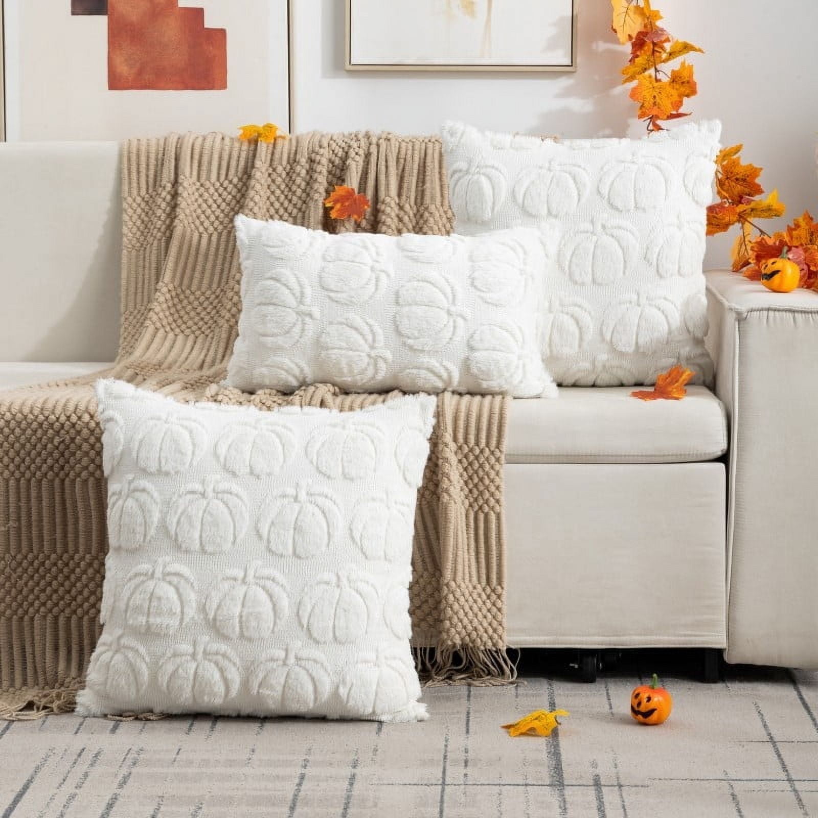 Fall Pillow Covers 18x18 Set of 4 Fall Decorations Thanksgiving Autumn Pumpkin Throw Pillow Cases Soft Plush Faux Fur Wool Couch Cushion Case for Chair Sofa Bedroom Living Room Home Decor