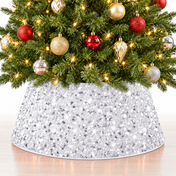 LOMYOLO Sequin Christmas Tree Skirt 24in Round Christmas Tree Collar Tree Stand Cover, Sparkly Xmas Tree Skirt for Holiday Indoor Decorations Rings Glitter Base Skirt for Christmas Party Decor-SILVER