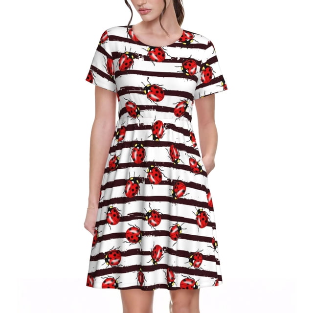 Disketp Ladybugs on Black and White Striped1 para Vestido de Manga Corta para Mujeres, Vestidos de Verano para Mujeres, Casual y Holgado para la Playa