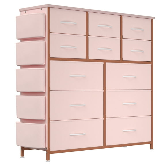 ChaoLink Cómoda con 12 cajones para dormitorio y sala, organizador de almacenamiento de tela con cubierta de madera, bolsillos y ganchos laterales para recibidor, pasillo y armario