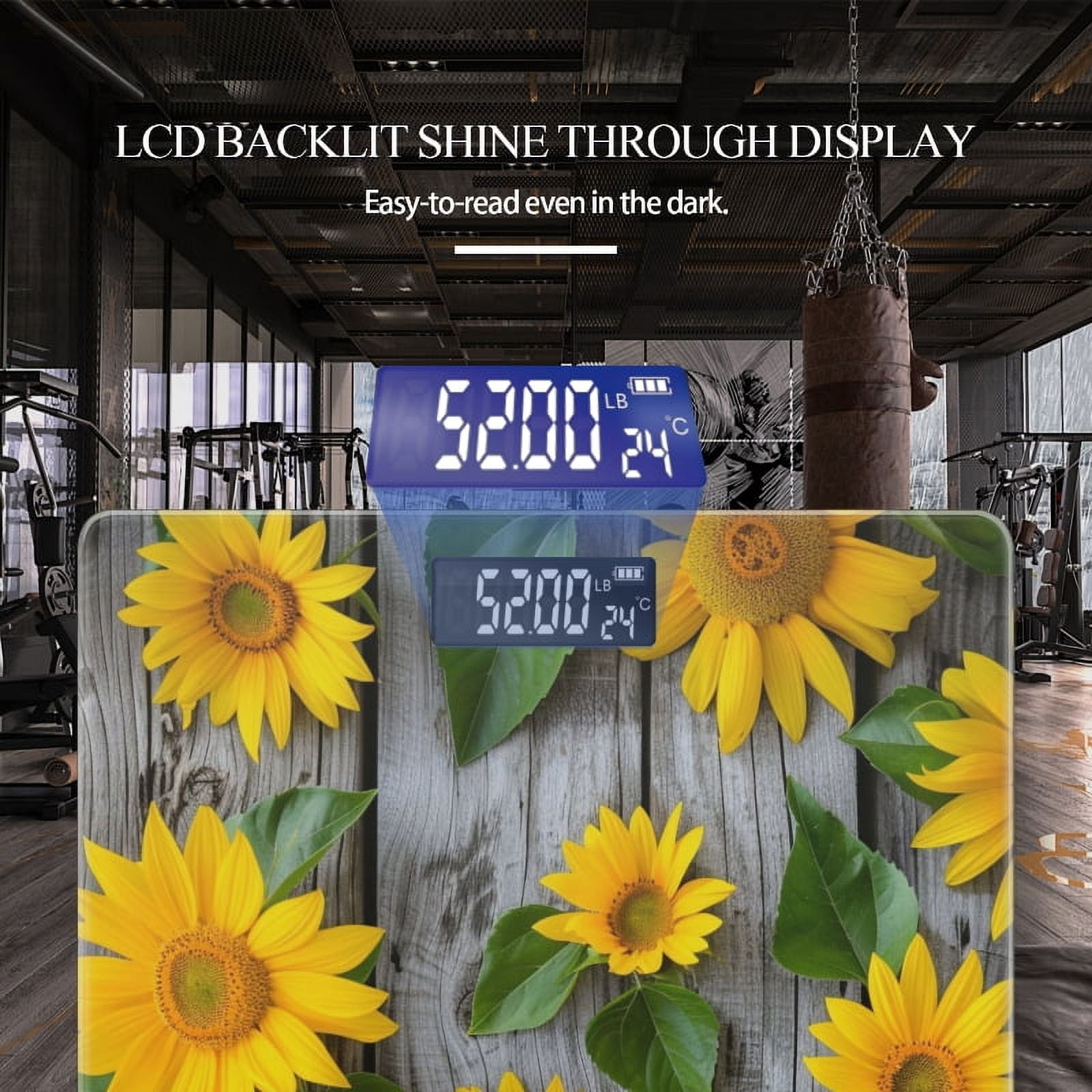Bathroom Scale, Highly Accurate Digital Body Scale,Precisely Measures Weight up to 400 lbs-Wall Of Sunflowers With Green Leaves On Wooden Background