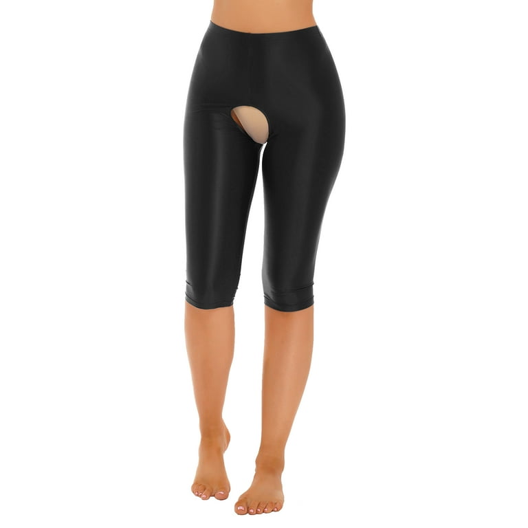 iEFiEL Womens Crotchless Stirrup Tights Glossy Yoga Sports Leggings  Nightwear Black-A XL 