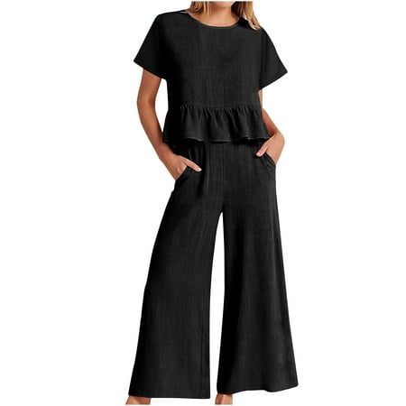 

Two Piece Summer Sets Plus Size Short Sleeve Solid Color Comfy Lounge Set Round Neck Softy Loose Fit Workout Set Casual Lightweight Ruffle Hem Fashion Daily Pajama Sets With Pocket（Black L）