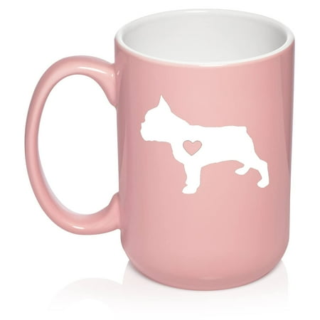 Cute French Bulldog With Heart Ceramic Coffee Mug Tea Cup Gift for Her, Women, Wife, Mom, Sister, Girlfriend, Friend, Coworker, Daughter, Birthday, Frenchie, Cute, Puppy, Dog Lover (15oz Light Pink)