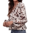 thumbnail image 1 of Blusa cruzada con cuello en V y estampado floral, manga larga, dobladillo con volantes, blusa cruzada con estampado floral para mujer, piedra marrón M, 1 of 6