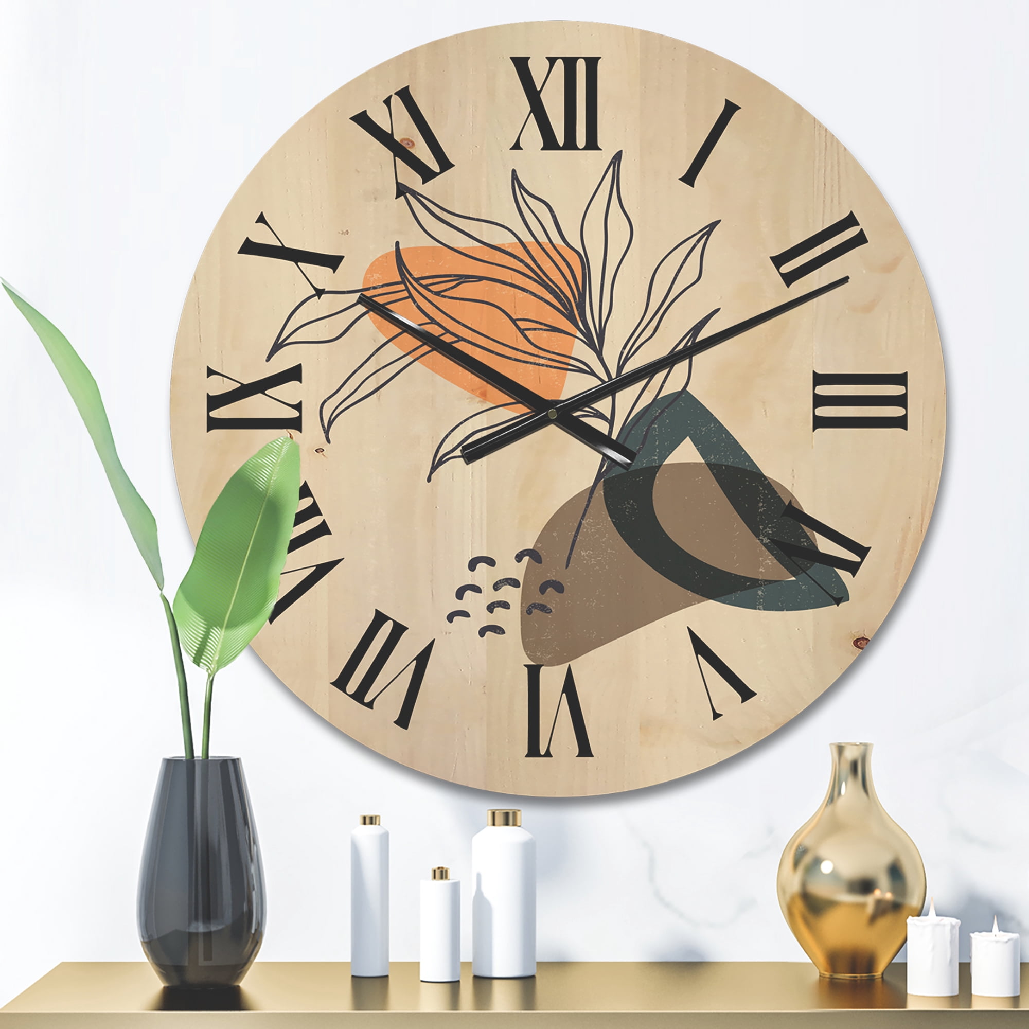 Designart 'Minimalist Shapes With Ancient Plant I' Modern Wood Wall Clock