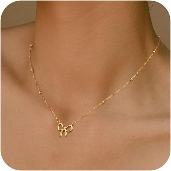 Gold/Silver Bow Necklace Dainty 14K Gold Plated Tiny Bow Pendant Pearl Beads Chain Choker Necklaces Trendy Jewelry Gift[o848]