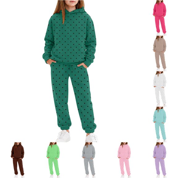 RUTAYY Girls 2 Piece Outfit Long Sleeve Hoodie and Sweatpants Set Polka Dot Print Casual Daily Wear Dark Green