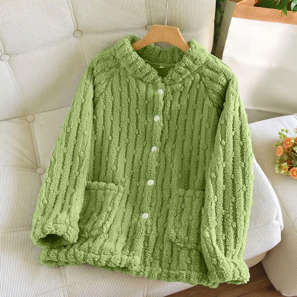 Pijama de manga larga para mujer, de invierno, de color liso, de franela gruesa con forro polar añadido, de manga larga, cálido, para el hogar, de poliéster.