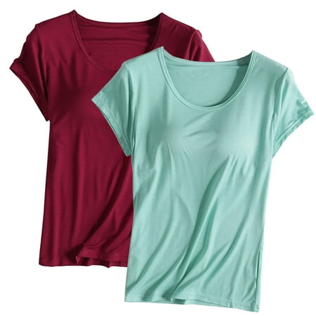 Ousvtion Clearance Deals 2Pcs Built-in Bra T-Shirt for Women Padded Active Yoga Tops Short Sleeves Plain Blouses Soft Pajama Casual Workout Shirts (Hot Pink#01 XX-Large)