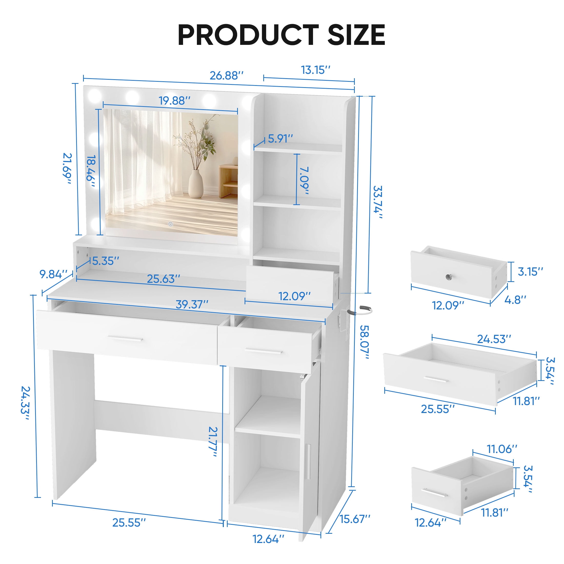 edx Vanity Desk with Mirror, Makeup Vanity Table with 3 Color Light Options Adjustable Brightness for Bedroom Dressing Room, White