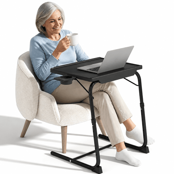 CHITOOMA TV Tray Table with 3" Cup Holder, Adjustable TV Dinner Tray for Eating, 6 Heights & 3 Tilt Angles, Up to Hold 50 lbs, Black