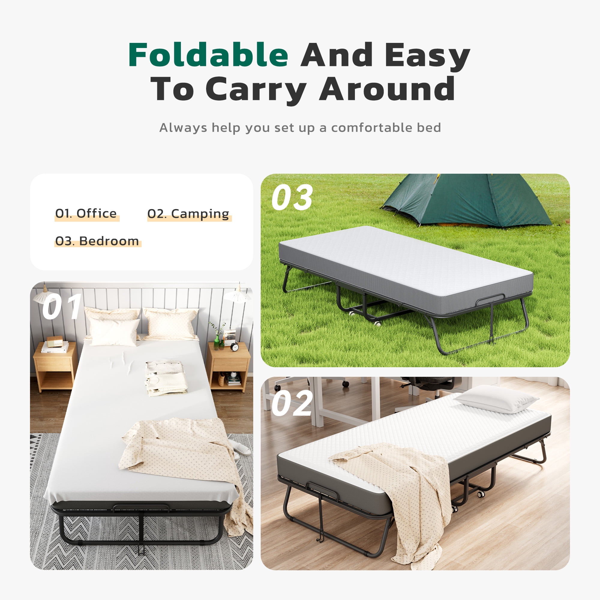 SUNCROWN Folding Bed with Mattress, 75" x 31"Portable Foldable with 5" Thick Foam Frame Roll Away Beds, Single Cot Folded Bed for AdultsStudents, Small Apartment, Camping