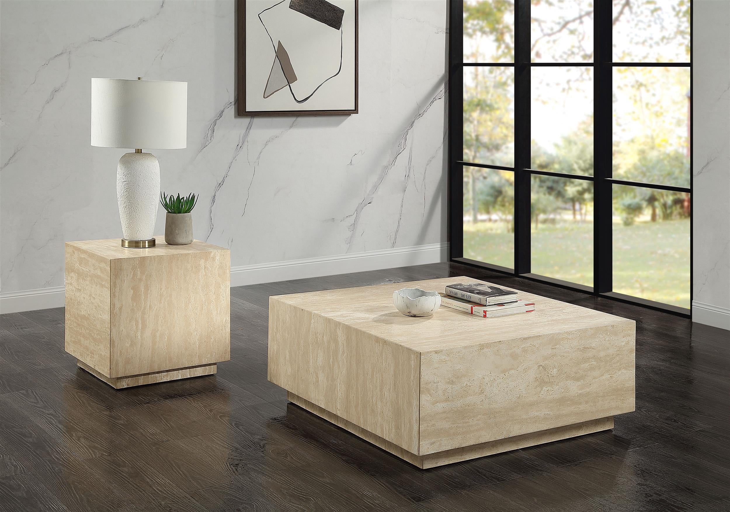 ACME Deon Contemporary Plywood and Travertine Square End Table in Natural Beige