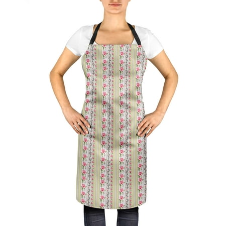 

S4Sassy Beige Stripe Leaves & Rose Floral Adjustable Printed Kitchen Apron With Tie Back Chef Bib BBQ-24 x 32 Inches