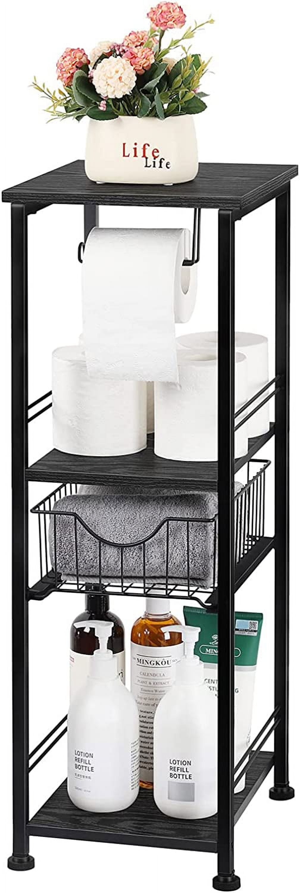 3 Tier Freestanding Bathroom Shelf with Drawer Toilet Paper Storage Stand, Black