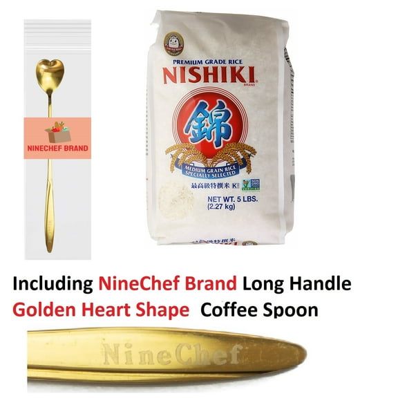 NineChef Bundle - Nishiki Medium Grain Rice 5 lb   1 NineChef Brand Golden Heart Ice Tea Coffee Long Handel Spoon