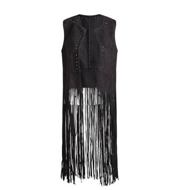 Qarigey Mujeres sin mangas frente abierto estilo occidental transpirable borlas chaleco cintura retracción Cardigan chaleco para diario Accesorios de disfraces negro XXL Qarigey AP009615-05B