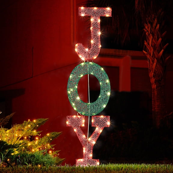 DECMAY Lighted "JOY" Letter Sign - Pre-lit with 45 Warm White LEDs, Includes Ground Stakes for Indoor/Outdoor Holiday Display