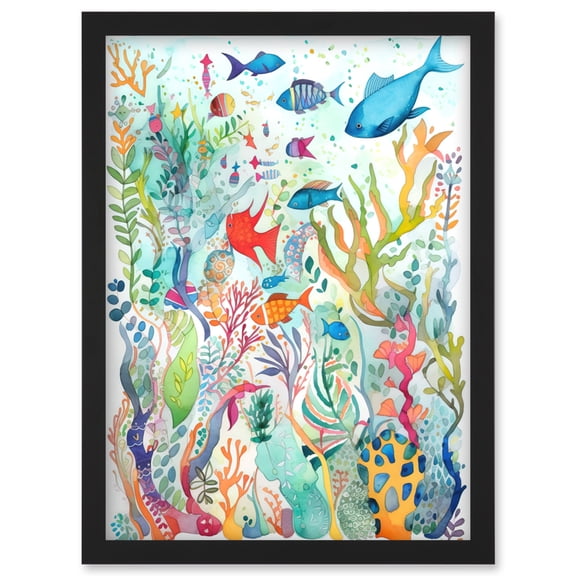Aquatic Scene Marine Life Folk Art Watercolour Painting Artwork Framed Wall Art Print A4