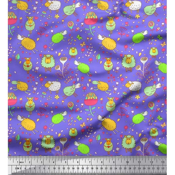 Soimoi Poly Georgette Fabric Heart,Floral & Sheep Cartoon Printed Fabric 1 Yard 42 Inch Wide