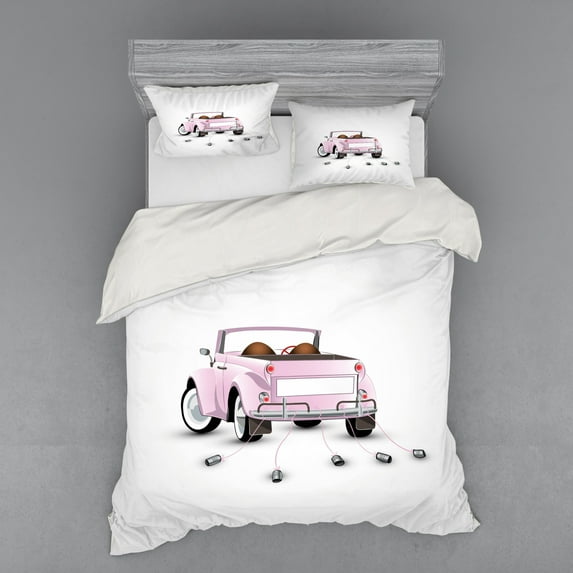 Ambesonne Love Bedding Set 4 Pcs, Just Married Cartoon Car, Queen, Pink White
