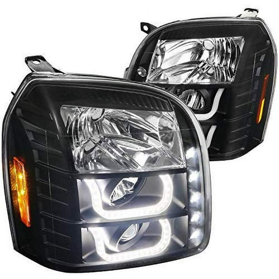 Dual U Bar LED Halo Projector Headlight In Black Housing Clear Lens Made For And Compatible With 2007 - 2014 GMC Yukon Denali 07 08 09 10 11 12 13 14
