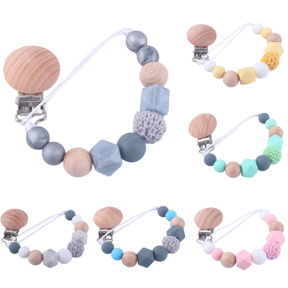 Food Grade Silicone Wooden Round Beads Baby Teething Pacifier Dummy Clip Soother 