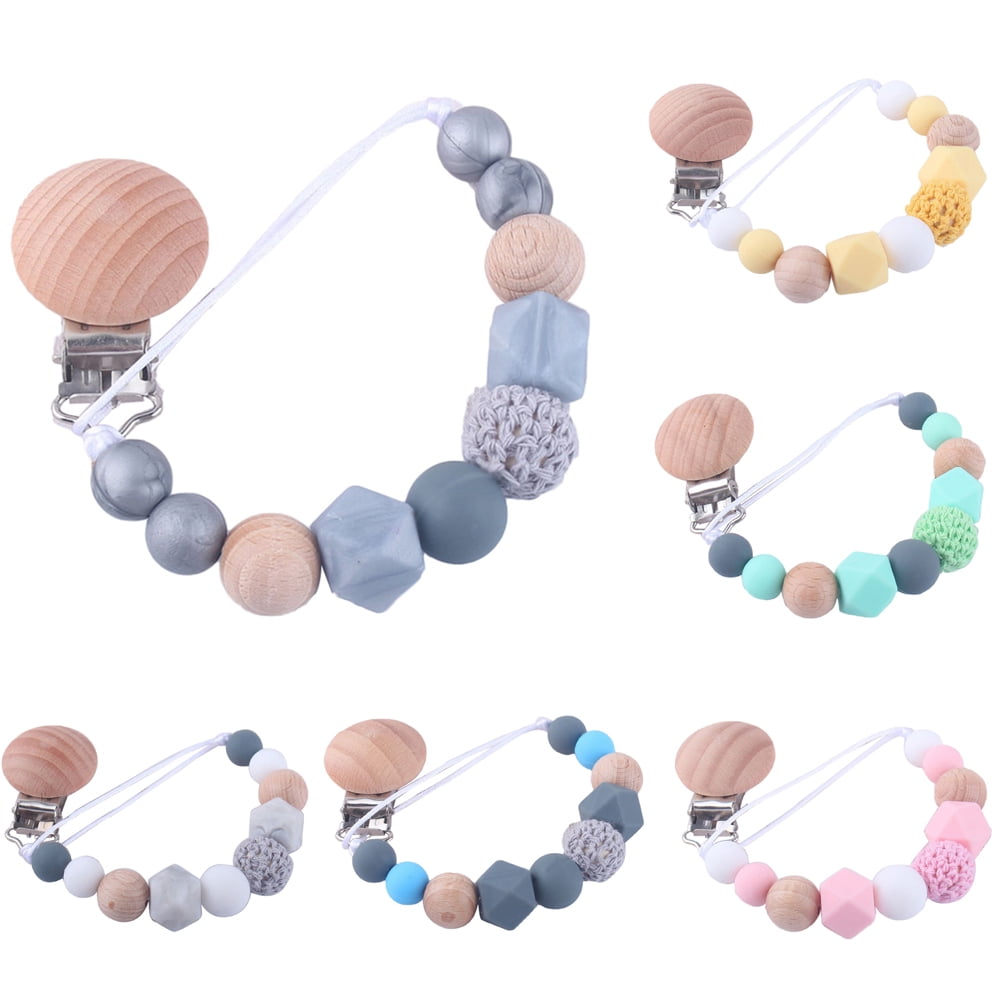D GROEE Pacifier Clip for Boys and Girls Silicone Wood Beads Paci Clip Teething Toys Chewbeads Baby Pacifier Holder for Shower Gift Christmas