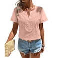 thumbnail image 4 of BRGZLK Womens Cotton Linen Tops Boho Eyelet Lace Solid Color Split V Neck Casual Trendy Roll Up Short Sleeve Lightweight Breathable Blouses Dressy Casual Vacation Pink M, 4 of 4