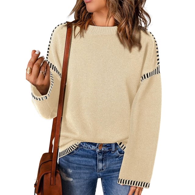 Jersey Dokotoo para mujer, holgado, cuello redondo, punto trenzado, beige