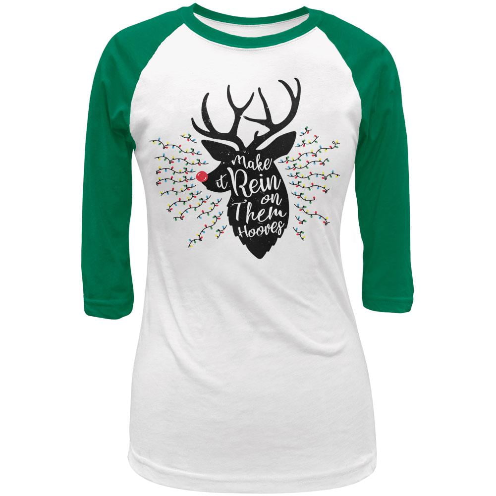 Christmas Make it Rein Rain Reindeer Pun Juniors 3/4 Raglan T Shirt ...