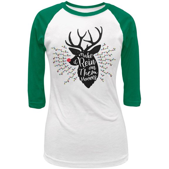 Christmas Make it Rein Rain Reindeer Pun Juniors 3/4 Raglan T Shirt White-Kelly X-LG