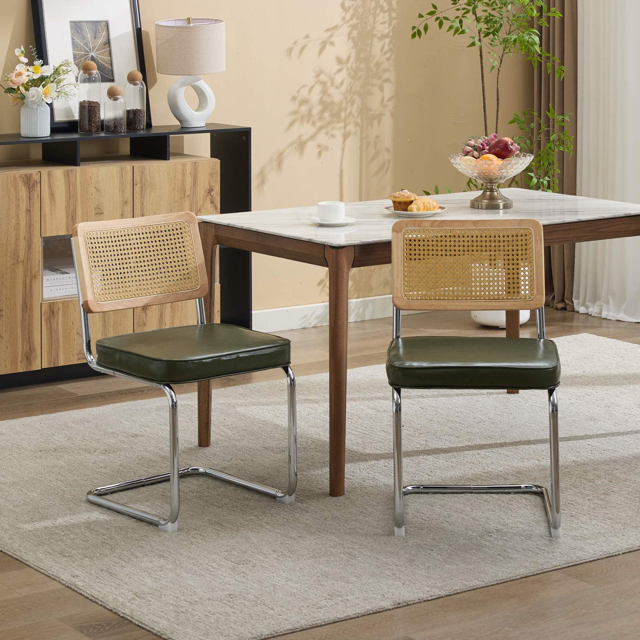 GDF Studio 23.2" Dining Chairs Set of 2 with PU Upholstery, Natural Cane Back & Chrome Metal Base, Olive Green
