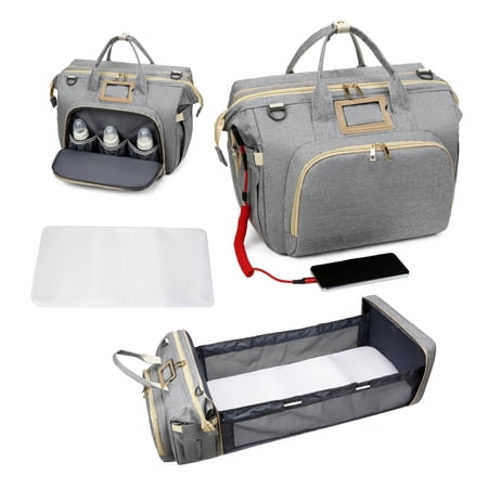 Diaper changing bag, multi-functional baby changing bag, includes insulated bottle holder, essential for baby travel, large capacity travel backpack with USB charging port and stroller strap (gray).