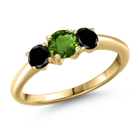 Gem Stone King 10K Yellow Gold Green Chrome Diopside and Black Diamond Engagement Ring for Women | 1.04 Cttw | Round 5MM | Gemstone Birthstone | Size 6