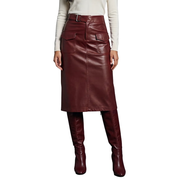 INSPIRE CHIC Women's Faux Leather Midi Skirt High Waist Belted Pocket Slim Fitted Knee Length X Small Red