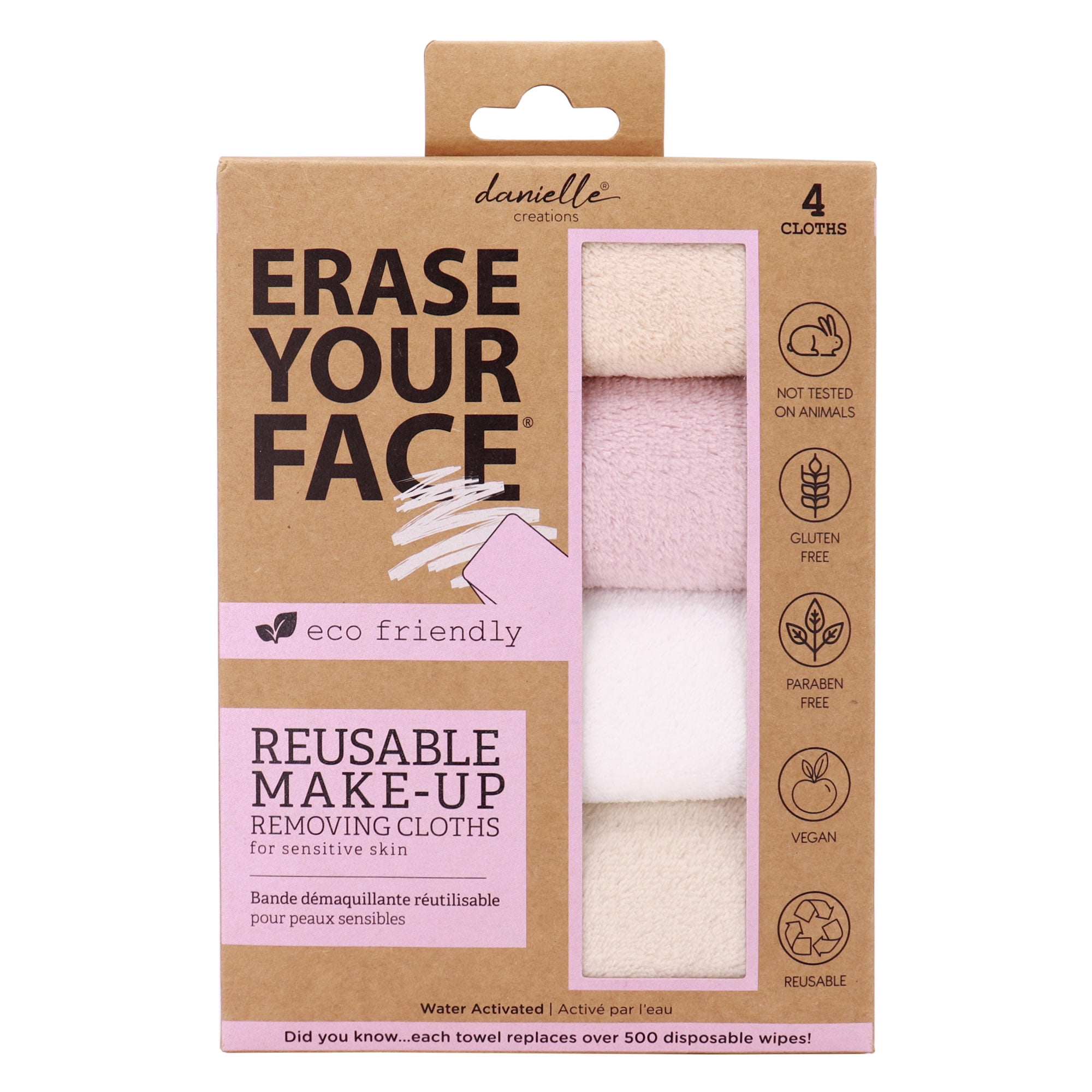 4-Pack Erase Your Face Eco Makeup Removing Cloths, White, Blush, Nude