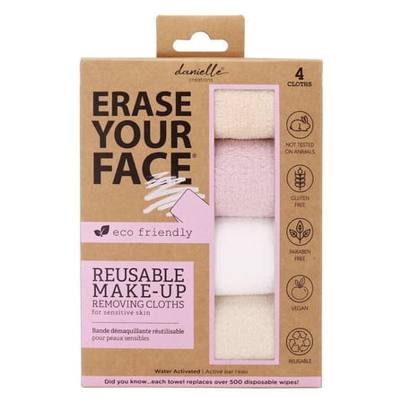 4-Pack Erase Your Face Eco Makeup Removing Cloths, White, Blush, Nude
