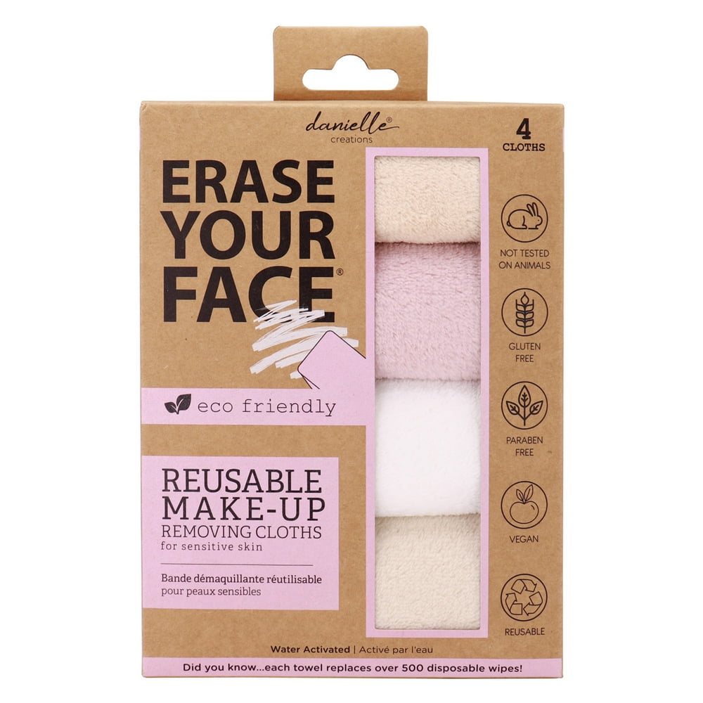 4Pack Erase Your Face Eco Makeup Removing Cloths, White, Blush, Nude