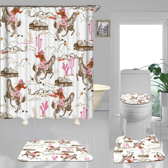 4PCS Howdy Cowgirl Shower Curtain Sets, Waterproof Fabric White Pink Shower Curtain, Non-Slip Bath Mat Bathroom Rugs, Western Cowboy Hat Cow Print Preppy Teen Girls Kids Women Bathroom Decor