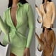 thumbnail image 5 of Twist Bodycon Dress Women Shirt Dresses Long Sleeve Pleated Mini Dress Button Down Pleated Dress Deep V Neck Shirt Dress Yellow S, 5 of 5