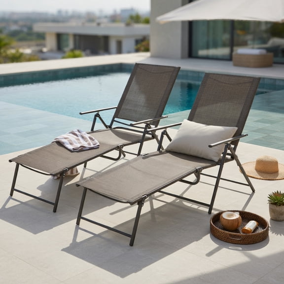 Hommoo 2-Pack Foldable Patio Chaise Lounge Chairs with 6-Position Reclining Backrest, Outdoor Loungers for Poolside, Backyard & Balcony, Gray