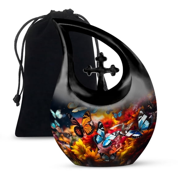 MUKTIVE Colorful Butterflies Cremation Urns for Adult Ashes Women and Men 10 Inch - Flowers Large Container for Ashes of Loved Ones - Cross Teardrop Urn for Mom - Funeral Black Urn with Lid